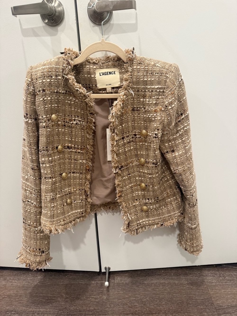 L'AGENCE Beige Tweed Fringe Double-Breasted Jacket